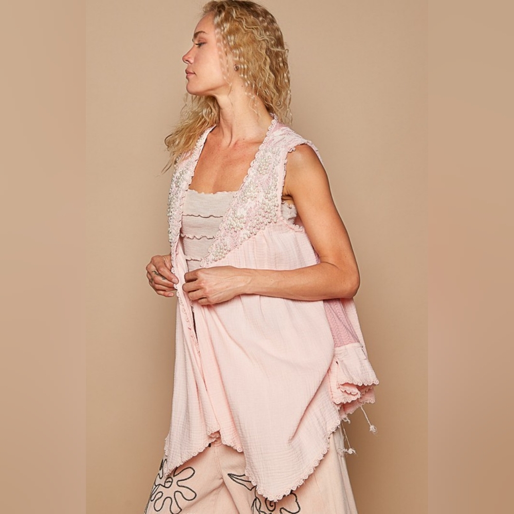 POL Lace Pearl Embroidered Patchwork Boho Vest Gauze Raw Hem Sleeveless Cardigan - Picture 5 of 16